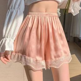 Women's Sleepwear Ice Silk Loose Short Pants Womens Summer Ruffle Satin Seamless Safety Pajama Shorts Underwear Cool Lace Sleep Bottoms