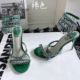 Sandals Turquoise Sandals Rene Caovilla Luxury Crystal Lamp Pendant Rhinestone Twining Foot Ring High Heeled Designer Shoes Top Quality Flash Silver 1318