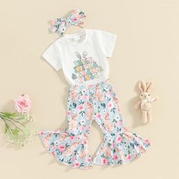 Clothing Sets Summer Kids Baby Girls Letter Print Short Sleeve T-shirts Floral Flare Pants Set Easter Outfits