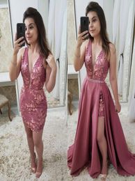 2019 Dusty Rose Detachable Train Prom Dresses V Neck Sleeveless Plus Size Lace Applique Beaded Cocktail Dress3084101