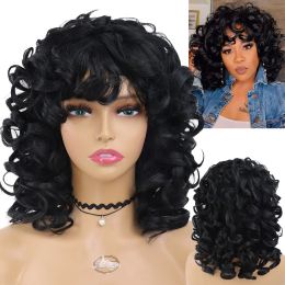 Wigs GNIMEGIL Synthetic Medium Black Hair Wig with Bangs for Black Women Big Curly Wig Natural Fluffy Afro Curly Wig Cosplay Party