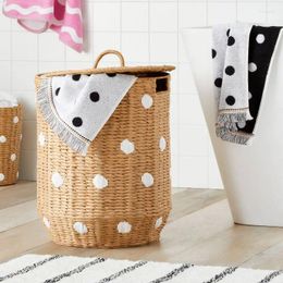 Laundry Bags Lid Natural Woven Paper Dot Floor Kids' Hamper With Handles For Child's Room Organization