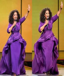 Elegant Oprah Winfrey Celebrity Evening Dresses Women Gowns Long Ruffles Middle East Dubai Arabic Style Purple Sleeves Plus Size F7048360