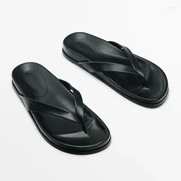Slippers 2024 Summer Genuine Leather Women Slides Black Slip On Thong Toe Casual Beach Platform Flat Flip Flops
