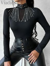 Women's T Shirts Women Sexy Solid Color Studded Rhinestone Design Sheer Mesh Long Sleeve Top