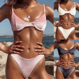 Women's Swimwear Fashion Women Solid Breast Pad Split Bikini Bathing Swimsuit Swimsuits For