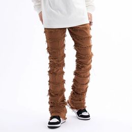 Harajuku Hip Hop Streetwear Striped Tassel Frayed Straight Baggy Jeans Pants Male and Female Solid Color Casual Denim Trousers 240314