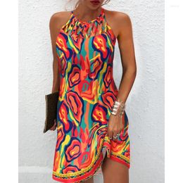 Casual Dresses Summer Vacation Women Abstract Print Hollow Out Short Halter Dress Femme Sleevless Mini Lady Streetwear Vestidos