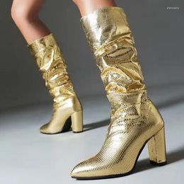 Boots 2024 Spot Thick Heel Mid-leg Martin Europe And America Pointed Head Snake High Heels Fashion Leather Women