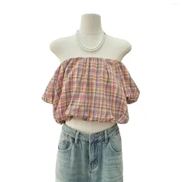 Women's Blouses Summer Feminine Cotton Sexy Plaid Cropped Tops Off Shoulder Sleeves Comfortable Loose Fit Prairie Chic