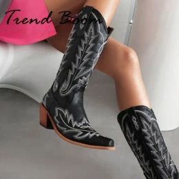 Boots Sewing Embroider Western Cowboy Boots Women Square Toe Chunky High Heel Retro Cowgirl Knee High Boots Autumn Winter Botas Mujer