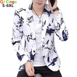 White Printed Suit Jacket Mens V-neck One Button Blazers Youth Handsome Trend Slim Print Suit Jacket Big Size S-4XL 5X 240309