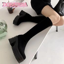 Boots DoraTasia Knee High Flock Women Fashion Boots Modern British Style Comfy High Heels New Designer Elegant Fall Cool Female Shoes