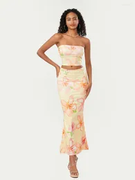 Skirts Women's Summer Floral Print 2 Piece Outfit Crop Tube Tops And Bodycon Long Set Beachwear