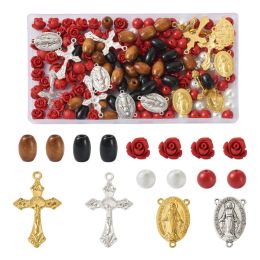 kits Cross Rosary Necklace Making Kit with Cinnabar Rose Bead Wood Bead Glass Pearl Bead Oval Center Link Connectors Charm DIY Supply