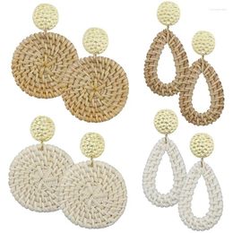 Dangle Earrings Rattan For Women Lightweight Geometric Statement Handmade Straw Wicker Braid Rhombus Hoop Drop