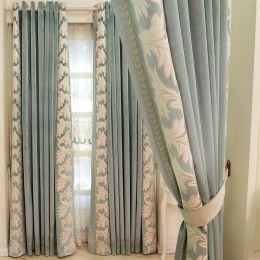 Curtains European style Luxury Green Velvet Stitching Embroidered Blackout Jacquard Curtains for Living Dining room Bedroom Tulle Custom