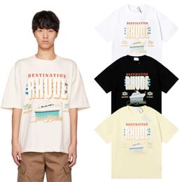 Men's T-shirt 24 New American Fashion Brand Rhude Yacht Print High Double Yarn Pure Cotton Loose Short Sleeved T-shirt for Men and Women Students t