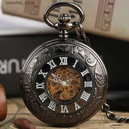 Pocket Watches Black Antique Auto Mechanical Skeleton Pocket See Though Face Retro Steampunk Fashion Pendant with Fob Chain Male Clock L240322