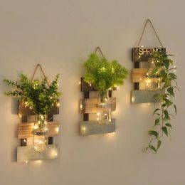 Vases Wall Hanging Glass Vase Plant Flower Bud Pot Wooden Holder for Propagation Hydroponic Plant With Fairy Led Light Home Decor
