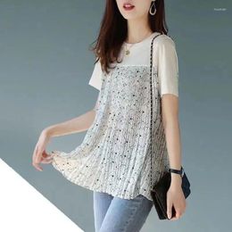 Women's T Shirts Fashion Pleated Printed Patchwork Pullovers Female Clothing Casual All-match Loose Summer Korean Short Sleeve O-Neck