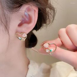 Stud Earrings Minar Cute Lovely Pink Colour Enamel Rhinestone Rose Flower Hollow Out Heart Shape For Women Female Daily Jewellery