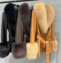 Rts High End Europe Womens Coats Belted Real Sheepskin Leather Jacket Open Front Winter Big Fox Fur Collar and Trim Clothes