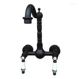 Bathroom Sink Faucets Kitchen Faucet Wall Mounted Black Oil Rubbed Bronze Swivel Basin Mixer Tap Dual Ceramic Levers Anf521