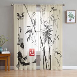 Curtains Bamboo Carp Chinese Style Toyo Tulle Curtains for Living Room Bedroom Sheer Voile Drapes Modern Printed Design Sheer Curtains