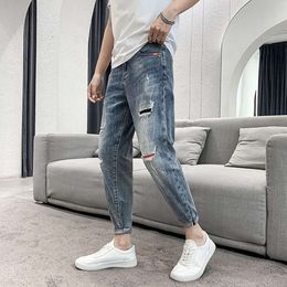 Men's Slim Fit Elastic Leggings, Cropped Korean Version Student Pants, Ripped Jeans, Men's