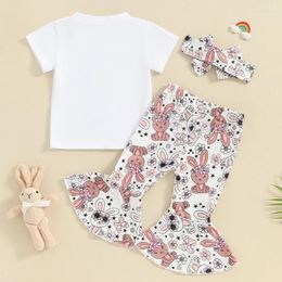 Clothing Sets Toddler Baby Girl Easter Outfits Short Sleeve T-shirt Bell-bottoms Flare Pants Set Headband Summer Clothes