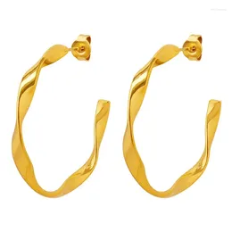 Hoop Earrings Versatile Vintage Hollow Stainless Steel Twisted Flat Wire Cable Knit Metal Simple Classic Style Jewelry