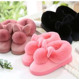 Slippers Ears Fluffy Men's Winter Indoor Home Non-slip Cotton Shoes Women Thick Bottom Warm Flats Pantufa Feminina