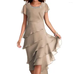 Casual Dresses Short Sleeve Midi Dress Elegant Beaded Decor O-neck With Layered Cake Hem For Wedding Guests Women's Special