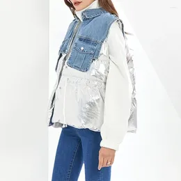 Women's Vests Denim Stitching Vest Fashion Elegant Casual Waist Waistcoat Short Cotton Clothes 2024 Autumn And Winter Coat