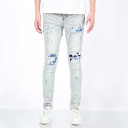 New high street trendy brand distressed tie dye patch elastic slim fit distressed washed light colored jeans for men