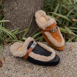 Slippers Heihaian Wool 2024 Vintage Elegant Outdoor For Women With Round Head Low Heels Suitable Winter Wear
