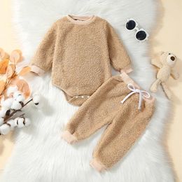 Clothing Sets Born Winter Outfits Baby Boy Girl Fleece Sweatshirt Romper Solid Colour Bodysuit Infant Long Sleeve And Pants Set