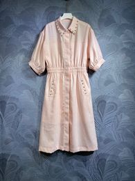 2024 Spring Pink Solid Colour Panelled Dress Short Sleeve Lapel Neck Midi Casual Dresses F4M061402