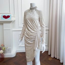 Casual Dresses 2024 Elegant Fashion Spring Women Dress Beige White Velvet Long Sleeve Temperament Slim Shiny Diamonds Stage Costume