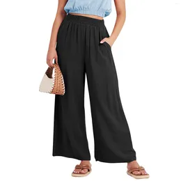 Women's Pants Summer Cotton Linen Wide Leg Women Loose Palazzo Pant Pocket Elastic Waist Button Casual Ropa De Mujer Pantalones