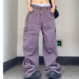 Women's Pants Large Size Retro Purple Pocket Work Jeans And High Street Spicy Girls Straight Leg Wide