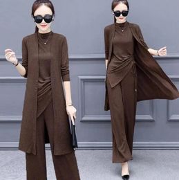 Knitted 3 Pieces Set Women Tracksuit Long Sleeve Cardigan Pullover Tops Wide Leg Pants Suit Womens Sets Brown Office Elegant 240320
