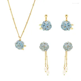 Necklace Earrings Set Fresh And Sweet 2024 Niche Design Light Luxury Blue Embroidered Ball Jewelry Gift Giving