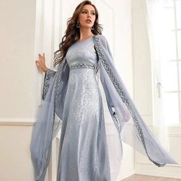 Ethnic Clothing Fashion Grey Embroidery Muslim Matching Set Kimono Cardigan Open Abaya Women Maxi Dress Islamic Jalabiya Ramadan Eid Outfit