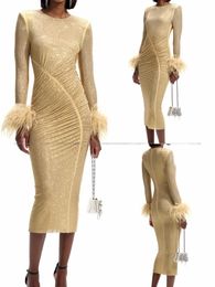 Casual Dresses Women Heavy Diamond Beaded Ostrich Hair Sleeve Yellow Folded Bodycon Trumpet Long Blingbling Evening Dress