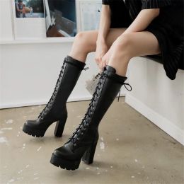 Boots PXELENA Drop Ship Women Knee High Boots Punk Rock Gothic Lace Up Chunky Block High Heels Knight Riding Motorcycle Female Shoes