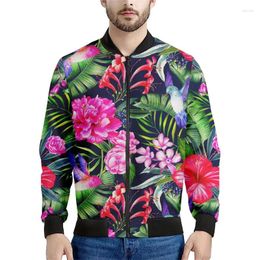 Men's Jackets Hawaiian Flower Zipper Jacket Men 3d Printed Tropic Plants Pattern Bomber Sweatshirts Tops Long Sleeves Oversized Coats