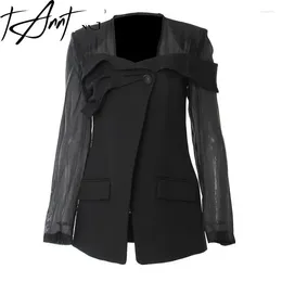 Women's Suits TANNT Women Blazer Semi Perspective Stitched Single Button Long Sleeve Ladies Black Coat Fashion Suit Jacket 2024