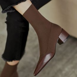 Boots Lady Swell Autumn New Dress British Shoes Knitted Sock Booties Low Heel Vintage Ankle Martns Boots for Women 2022 Pointed Boots